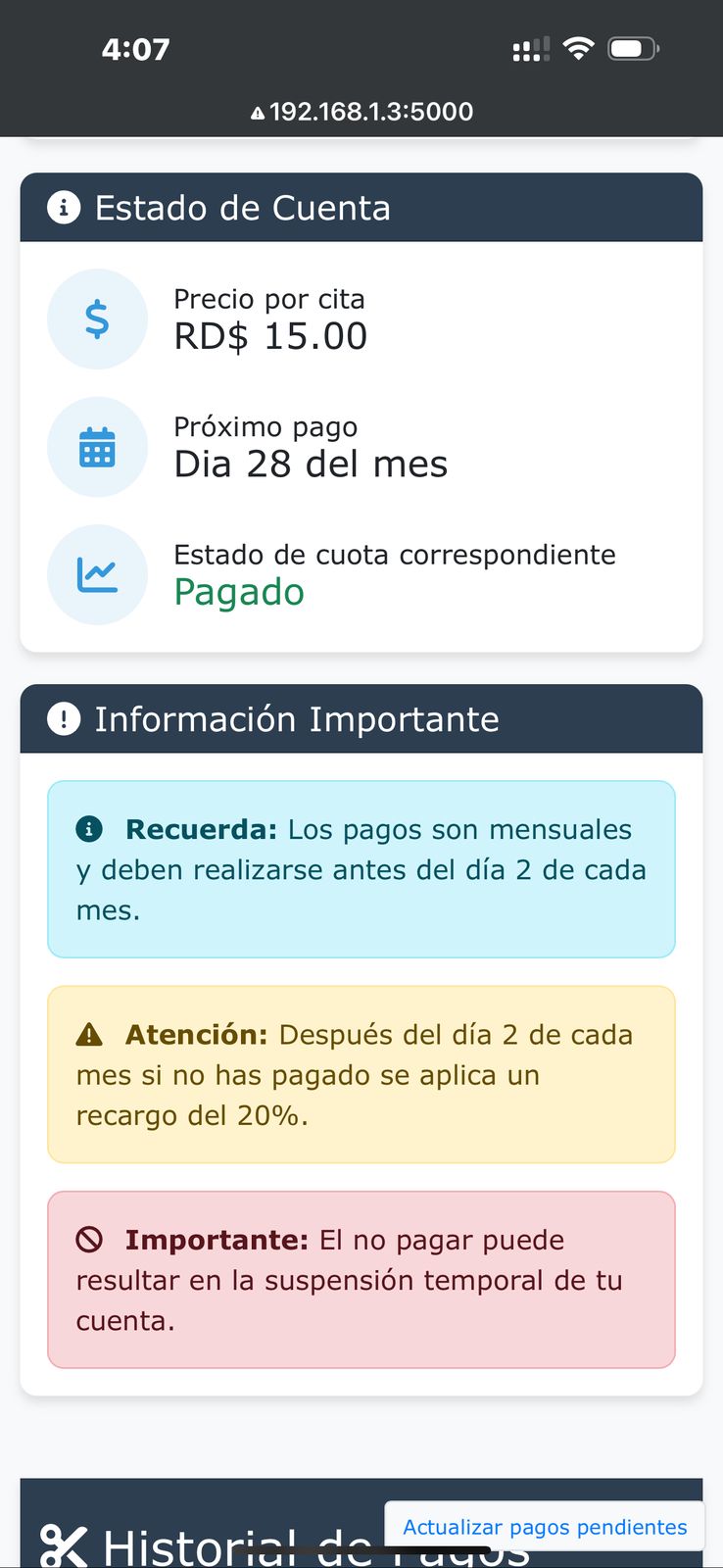 Panel de estadísticas diarias